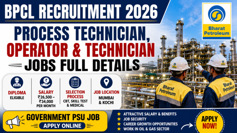 BPCL Recruitment 2026, BPCL Jobs 2026, Bharat Petroleum Vacancy, BPCL Technician Recruitment, BPCL Notification 2026, Process Technician Jobs, Process Operator Jobs, Mechanical Technician Jobs, Electrical Technician Jobs, Diploma Jobs 2026, Engineering Diploma Jobs, PSU Jobs India, Central Govt Jobs, Oil and Gas Jobs India, Latest Govt Jobs 2026