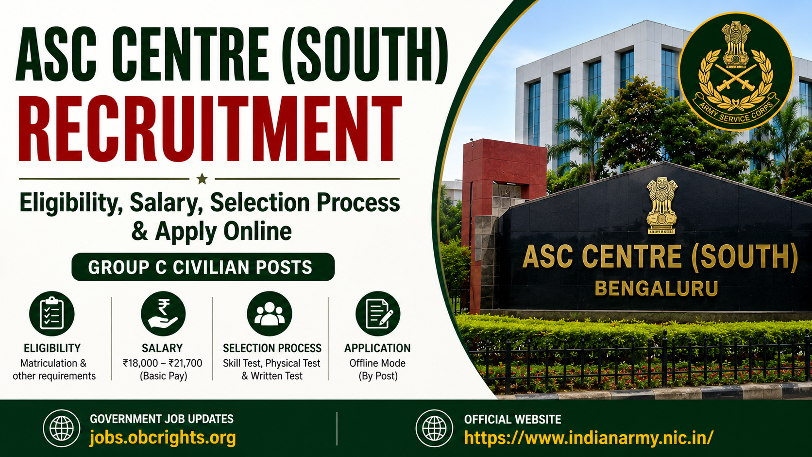 ASC Centre (South) Recruitment – Eligibility, Salary, Selection Process & Apply Online