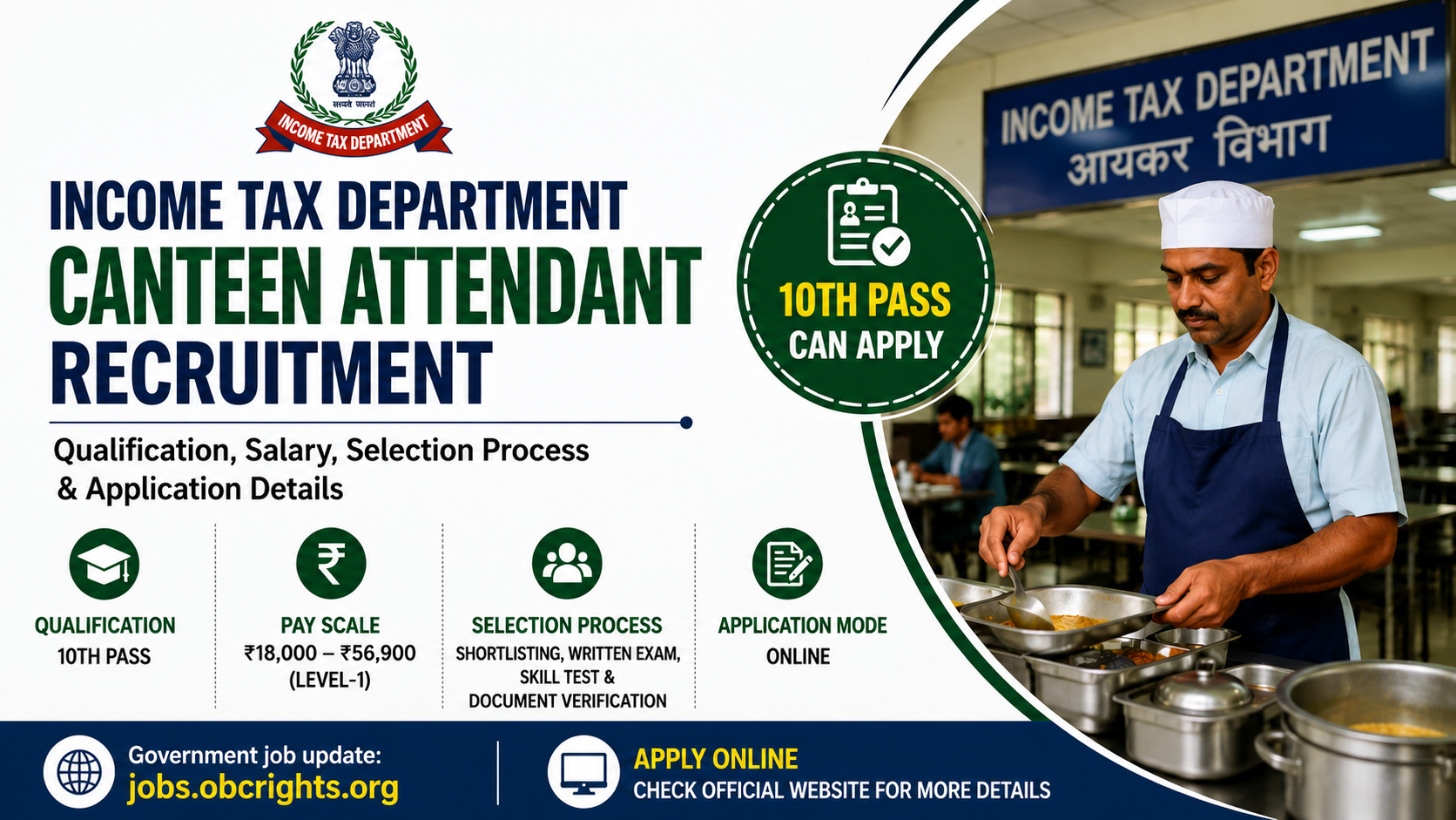 Income Tax Department Canteen Attendant Recruitment – Qualification, Salary, Selection Process & Application Details