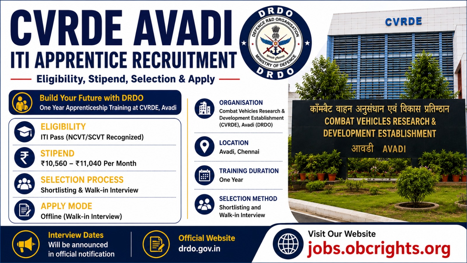 CVRDE Avadi ITI Apprentice Recruitment 2026 Eligibility, Stipend, Selection & Apply